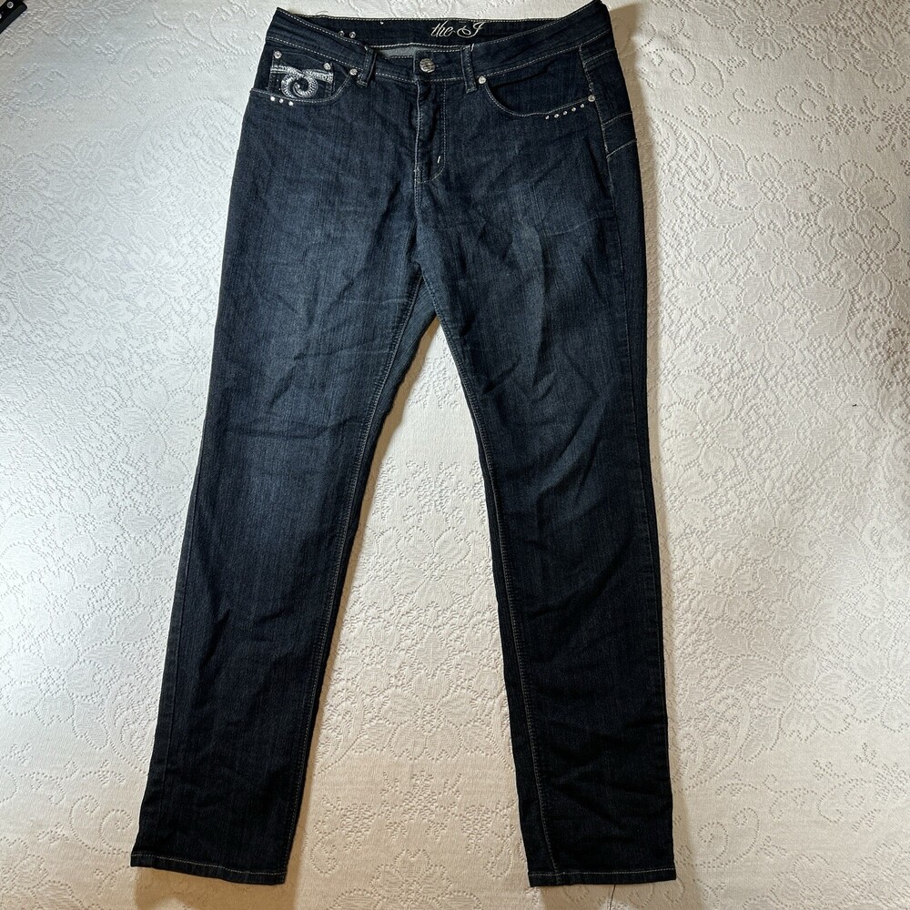 The J Jeans Women 12 Blue Low Rise Embellished Stretch USA Bootcut Denim